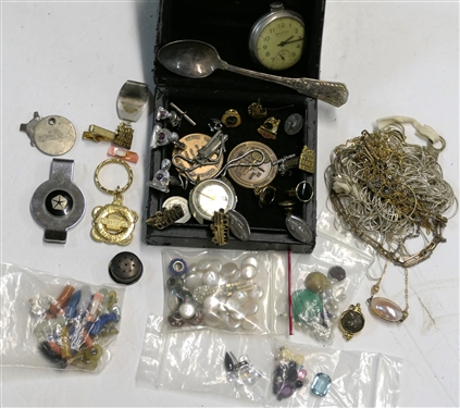 Jewelry Lot including Men's Costume Jewelry, Tie Tacks, Tie Clips, Cuff Links, Beacon Pocket Watch, Key Fobs, Medallions, Gem Stones, Broken Jewelry, Earrings, Backs, Coin Pearls, 3 Pandora...