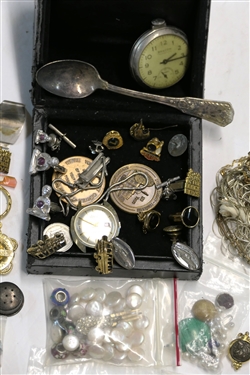 Jewelry Lot including Men's Costume Jewelry, Tie Tacks, Tie Clips, Cuff Links, Beacon Pocket Watch, Key Fobs, Medallions, Gem Stones, Broken Jewelry, Earrings, Backs, Coin Pearls, 3 Pandora...
