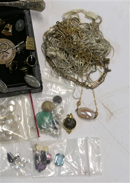 Jewelry Lot including Men's Costume Jewelry, Tie Tacks, Tie Clips, Cuff Links, Beacon Pocket Watch, Key Fobs, Medallions, Gem Stones, Broken Jewelry, Earrings, Backs, Coin Pearls, 3 Pandora...