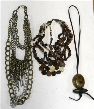 Jay Strongwater Wood Beaded Necklace, Mixed Metals Chain Necklace, and Leather Necklace with Large Resin Beads
