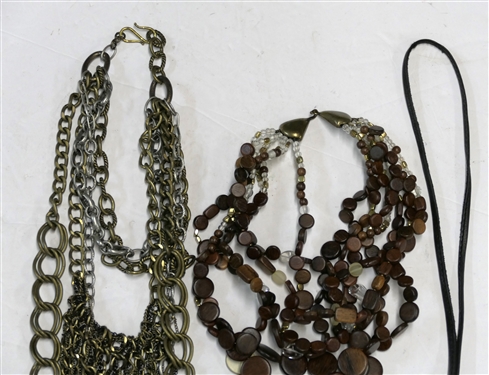 Jay Strongwater Wood Beaded Necklace, Mixed Metals Chain Necklace, and Leather Necklace with Large Resin Beads