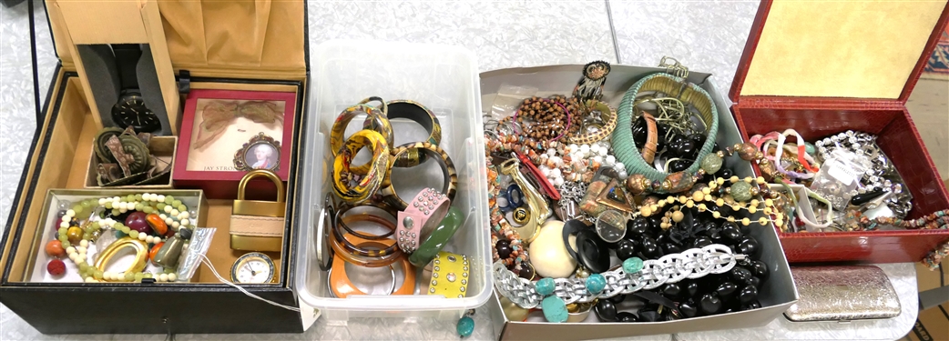 Collection of Costume Jewelry and Jewelry Boxes including Watch, Bangle Bracelets, Beads, Earrings, and Stones - Boxes including Red Leather and Joy Mangano Black with Inserts and Dividers