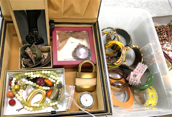Collection of Costume Jewelry and Jewelry Boxes including Watch, Bangle Bracelets, Beads, Earrings, and Stones - Boxes including Red Leather and Joy Mangano Black with Inserts and Dividers