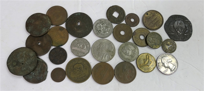 Collection of Foreign Cons and Tokens including New York City, The Fays Mascott Coin, 1776 - 1886 International Exhibition Token, 