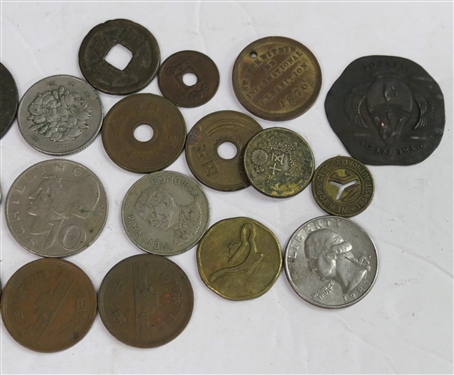 Collection of Foreign Cons and Tokens including New York City, The Fays Mascott Coin, 1776 - 1886 International Exhibition Token, 