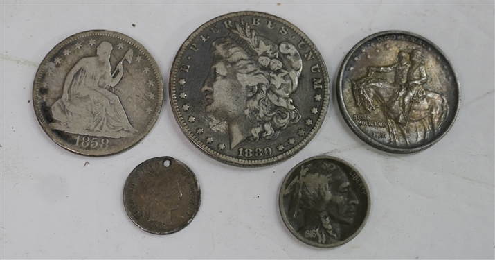 4 Silver Coins and Buffalo Nickel - 1880 O Morgan Silver Dollar, 1858 Seated Liberty Half Dollar, 1925 Stone Mountain Half Dollar, 1911 Dime with Drilled Hole, 1916 Buffalo Nickel 