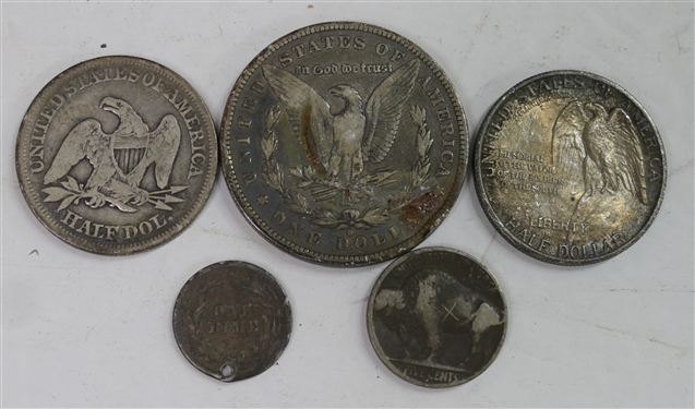 4 Silver Coins and Buffalo Nickel - 1880 O Morgan Silver Dollar, 1858 Seated Liberty Half Dollar, 1925 Stone Mountain Half Dollar, 1911 Dime with Drilled Hole, 1916 Buffalo Nickel 