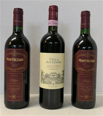 3 Bottles of Red Wine - Villa Antinori Chanti Classico - Riserva 1999 and 2 Montecillo Crianza 1998 Rioja Red Wine - From Spain 