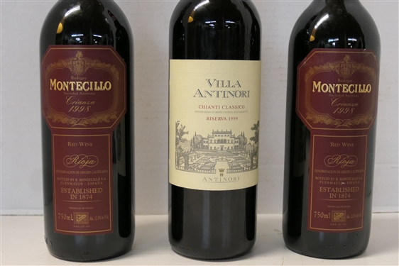 3 Bottles of Red Wine - Villa Antinori Chanti Classico - Riserva 1999 and 2 Montecillo Crianza 1998 Rioja Red Wine - From Spain 