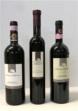 3 Bottles of Red Wine - Castello Di Meleto Chanit Classico Riserva 1997, Castello Di Meleto Vin Santo del Chianti Classico 2003, and Castello Di Meleto Chianti Classico Riserva 2003 