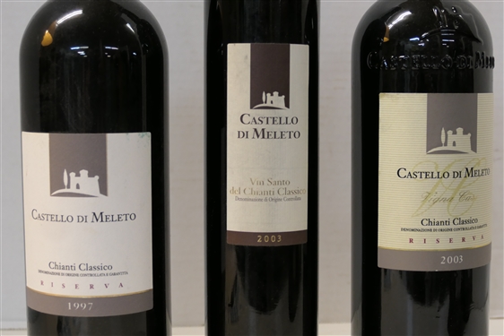 3 Bottles of Red Wine - Castello Di Meleto Chanit Classico Riserva 1997, Castello Di Meleto Vin Santo del Chianti Classico 2003, and Castello Di Meleto Chianti Classico Riserva 2003 