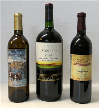 3 Bottles of Wine - Frontera Concha Y Toro - Frontera Cabernet Sauvignon / Merlot 2007, Christmas at Biltmore Limited Release American White Wine, and Grove Winery & Vineyards 2011 Sangiovese - Haw...