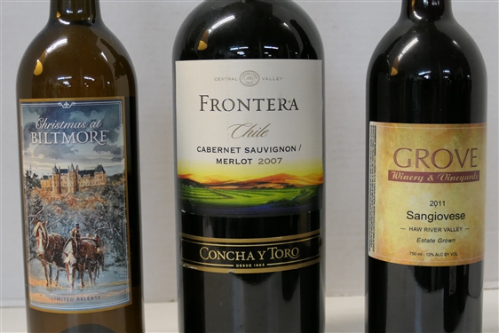 3 Bottles of Wine - Frontera Concha Y Toro - Frontera Cabernet Sauvignon / Merlot 2007, Christmas at Biltmore Limited Release American White Wine, and Grove Winery & Vineyards 2011 Sangiovese - Haw...