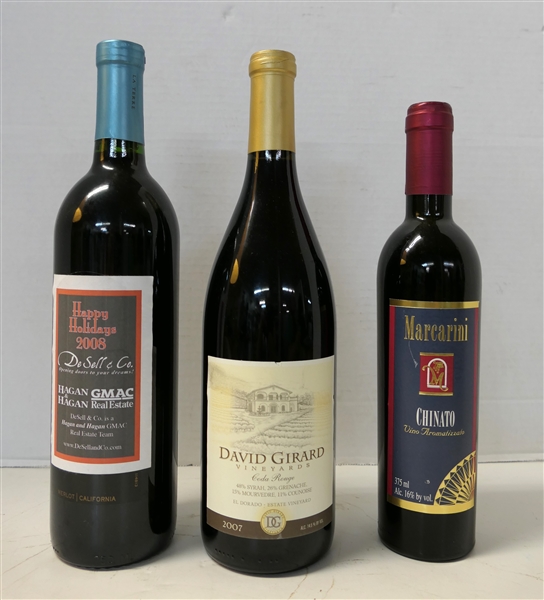 3 Bottles of Red Wine - DeSell & Co. Happy Holiday 2008 California Merlot, David Girard Vineyards Coda Rouge 2007 Red Blend, dMarcarini Chinato 2017 Vermouth 