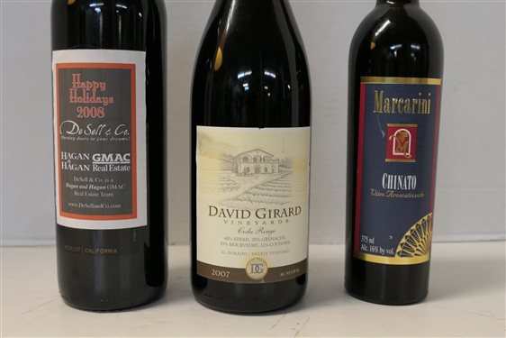 3 Bottles of Red Wine - DeSell & Co. Happy Holiday 2008 California Merlot, David Girard Vineyards Coda Rouge 2007 Red Blend, dMarcarini Chinato 2017 Vermouth 