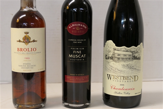 3 Bottles of Wine - Brolio Vin Santo Del Chianti Classico 1995, R.L. Buller & Son Victoria - Fine Muscat Victoria,  and Westbend Vineyards 2006 Chambourcin - Yadkin Valley NC