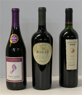 3 Bottles of Red Wine - Bogle 2016 Merlot, Morande' Terrarum Reserve 2002 Merlot, and Barefoot Pinot Noir - 2012 Riverbank Competition Gold Winner
