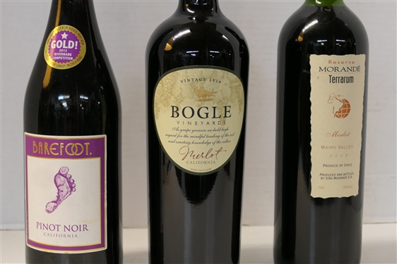3 Bottles of Red Wine - Bogle 2016 Merlot, Morande' Terrarum Reserve 2002 Merlot, and Barefoot Pinot Noir - 2012 Riverbank Competition Gold Winner