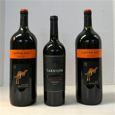 3 Bottles of Red Wine - 2 - 2012 Yellow Tail Merlot -- Large Bottles and Carnivore Cabernet Sauvignon 2015 