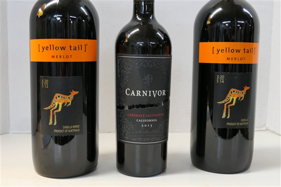 3 Bottles of Red Wine - 2 - 2012 Yellow Tail Merlot -- Large Bottles and Carnivore Cabernet Sauvignon 2015 
