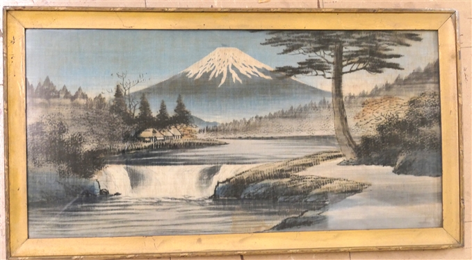 Antique Asian Silk Embroidered  Mount Fuji Scene in Gold Gilt Frame - Measures 12 by 22 1/2 