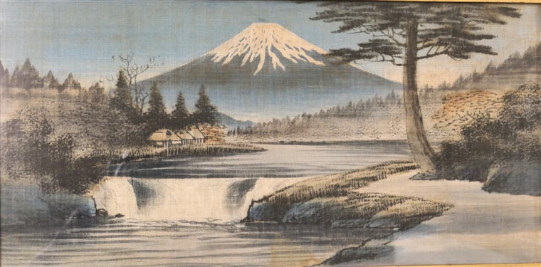 Antique Asian Silk Embroidered  Mount Fuji Scene in Gold Gilt Frame - Measures 12 by 22 1/2 