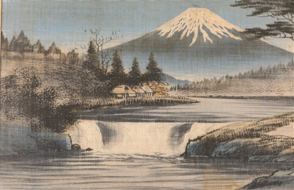 Antique Asian Silk Embroidered  Mount Fuji Scene in Gold Gilt Frame - Measures 12 by 22 1/2 