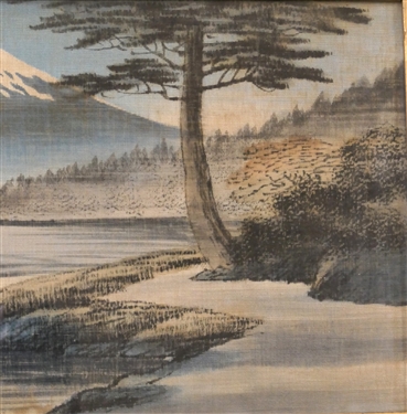 Antique Asian Silk Embroidered  Mount Fuji Scene in Gold Gilt Frame - Measures 12 by 22 1/2 