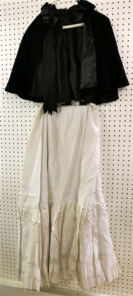 Victorian Period Black Velvet Cape with Black Ribbon Trim and White Petticoat with Slip 