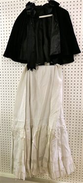 Victorian Period Black Velvet Cape with Black Ribbon Trim and White Petticoat with Slip 