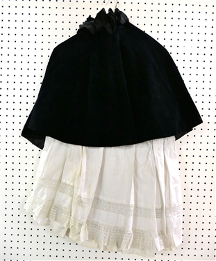 Victorian Period Black Velvet Cape with Black Ribbon Trim and White Petticoat with Slip 