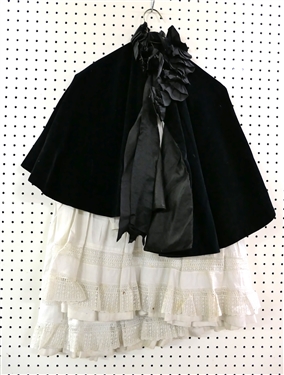 Victorian Period Black Velvet Cape with Black Ribbon Trim and White Petticoat with Slip 