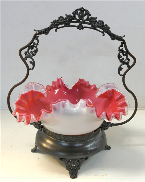 Victorian Silverplate Brides Basket with Cranberry Ruffled Glass Bowl Insert - Measures 12" tall 10" Across