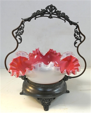 Victorian Silverplate Bride's Basket with Cranberry Ruffled Glass Bowl Insert - Measures 12 tall 10 Across
