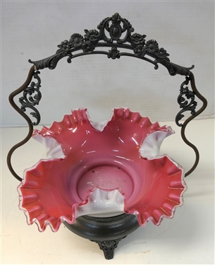 Victorian Silverplate Bride's Basket with Cranberry Ruffled Glass Bowl Insert - Measures 12 tall 10 Across