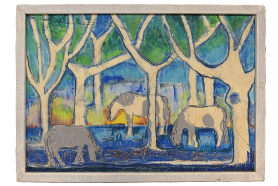 C. Thomas Modernist Horse Painting in Happy Blues and Greens on Board- Framed - Frame Measures 20 by 28 