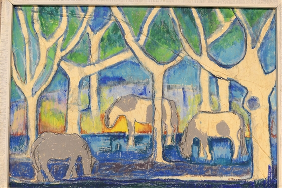 C. Thomas Modernist Horse Painting in Happy Blues and Greens on Board- Framed - Frame Measures 20 by 28 