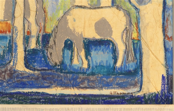 C. Thomas Modernist Horse Painting in Happy Blues and Greens on Board- Framed - Frame Measures 20 by 28 