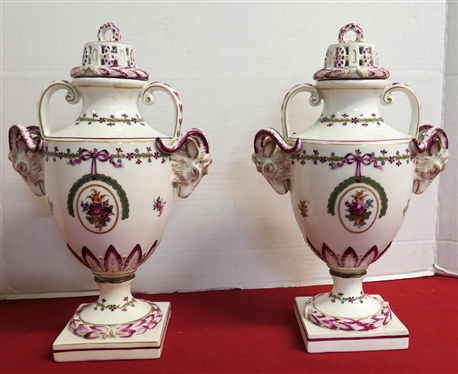 Pair of Beautiful Porcelain Mantle Urns with Pierced Lids Rams Head Handles Possibly Chelsea House - Each Measures 13 Tall 
