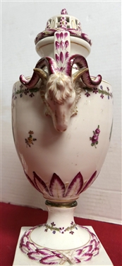 Pair of Beautiful Porcelain Mantle Urns with Pierced Lids Rams Head Handles Possibly Chelsea House - Each Measures 13 Tall 