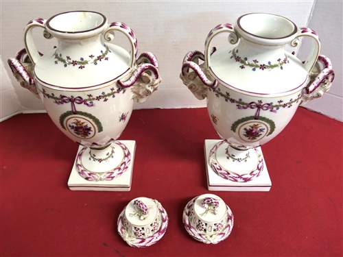 Pair of Beautiful Porcelain Mantle Urns with Pierced Lids Rams Head Handles Possibly Chelsea House - Each Measures 13 Tall 