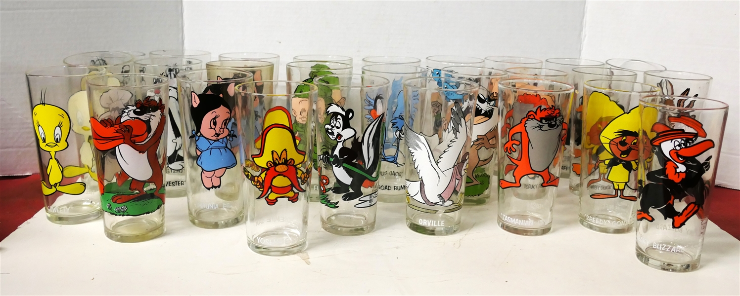 27 1973 Pepsi Collector Series Looney Tunes Cartoon Glasses including Tweety, Petunia, Yosemite Sam, Orville, Wile E. Coyote, Beaky Buzzard, Road Runner, Elmer Fudd, Speedy Gonzales, and Others