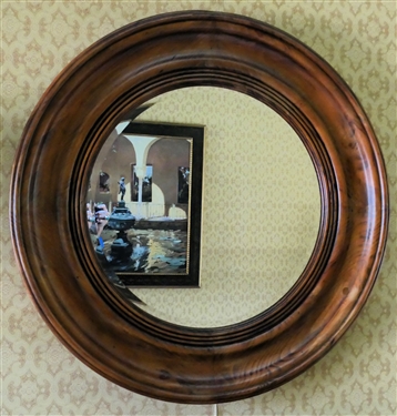 Nice Large Round Beveled Mirror with Substantial Wood Frame - Measures 38" Across