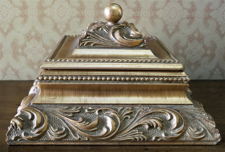 Gold Gilt Decorator Lift Top Box - Ornate Scrolled Details - Box Measures 4" Tall 10 1/2" by 10 1/2" 
