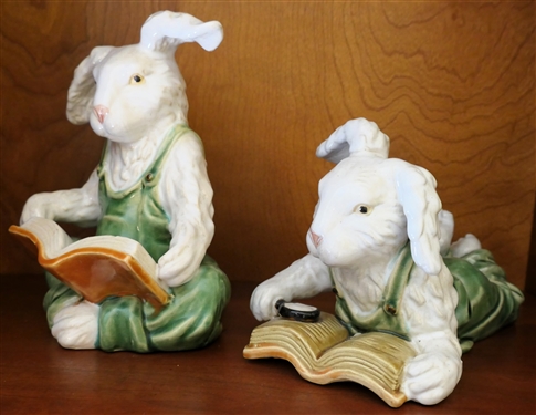 2 Ceramic Reading Rabbit Figures - Sitting Bunny Measures 9" tall 