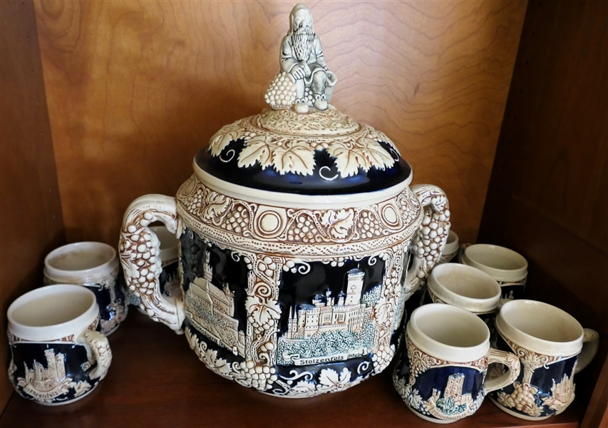 German Stoneware Punch Bowl and Cup Set - Made in Germany - Punch Bowl and 16 Cups - 7 Not Pictured - Bowl Measures 15" tall 15" Handle to Handle