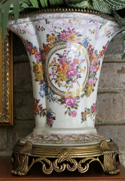 Beautiful Brass Mounted Ceramic Decorator Vase - Brass Base and Top - Floral Details All Around - Vase Measures 12" Tall 