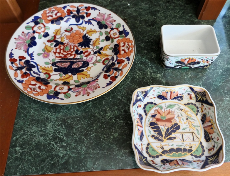 3 Pieces of Andrea by Sadek "Classic Imari" China - Plate, Square Dish, and Box - Plate Measures 8" Across