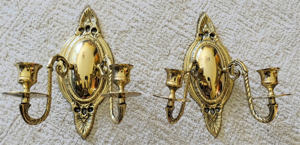 Pair of Brass 2 Light Wall Sconces - Each Measures 10" Long 8" Wide