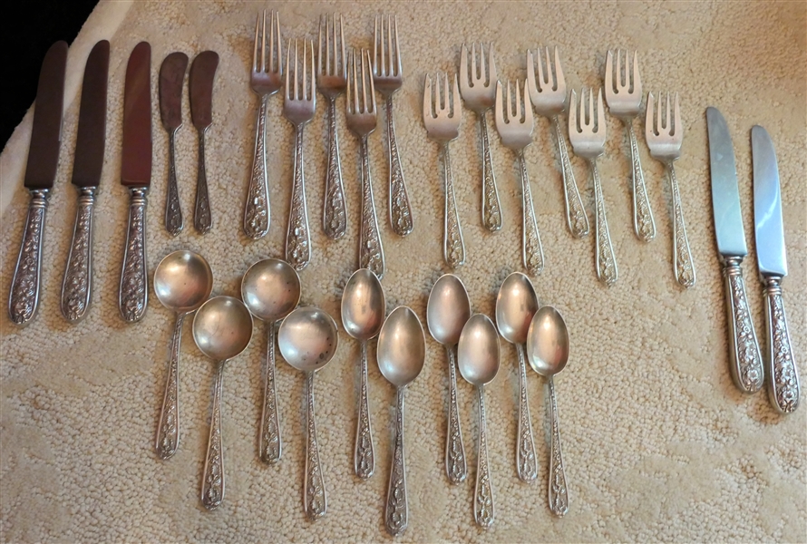 29 Pieces of Kirk Steiff "Corsage" Sterling Silver Flatware including Dinner Knives, Dinner Forks, Salad Forks, Soup Spoons, Tea Spoons, and Butter Knives - All Monogrammed "B" 